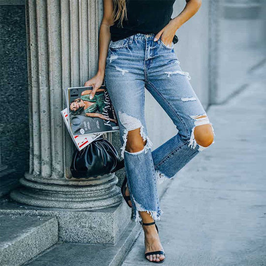 Damen High-Waist Mom-Jeans mit modischen Rissen und fransigem Saum EB