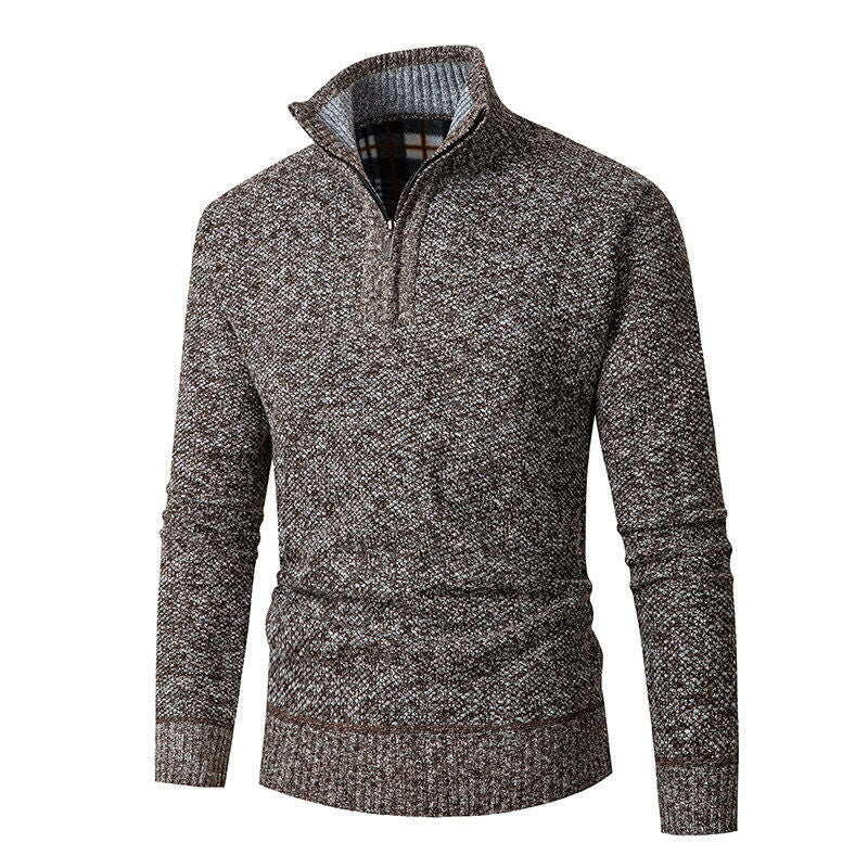 Herren nan grobgestrickter Halfzip-Pullover mit Stehkragen und karierter Krageninnenseite EB