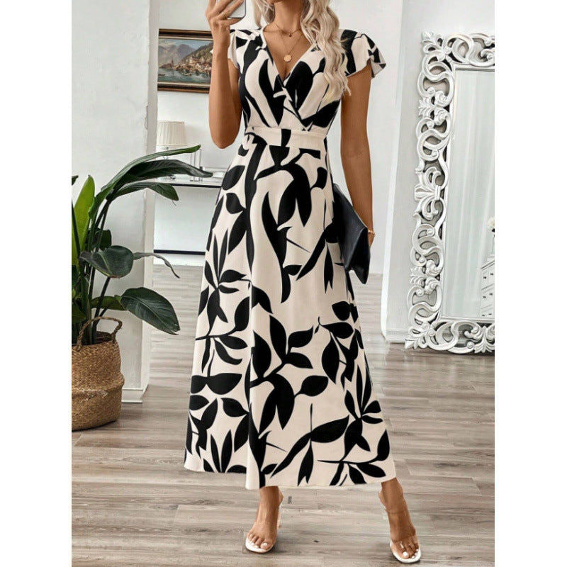 Damen Langarm-Maxikleid mit floralem Design und elegantem V-Ausschnitt EB