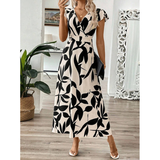 Damen Langarm-Maxikleid mit floralem Design und elegantem V-Ausschnitt EB