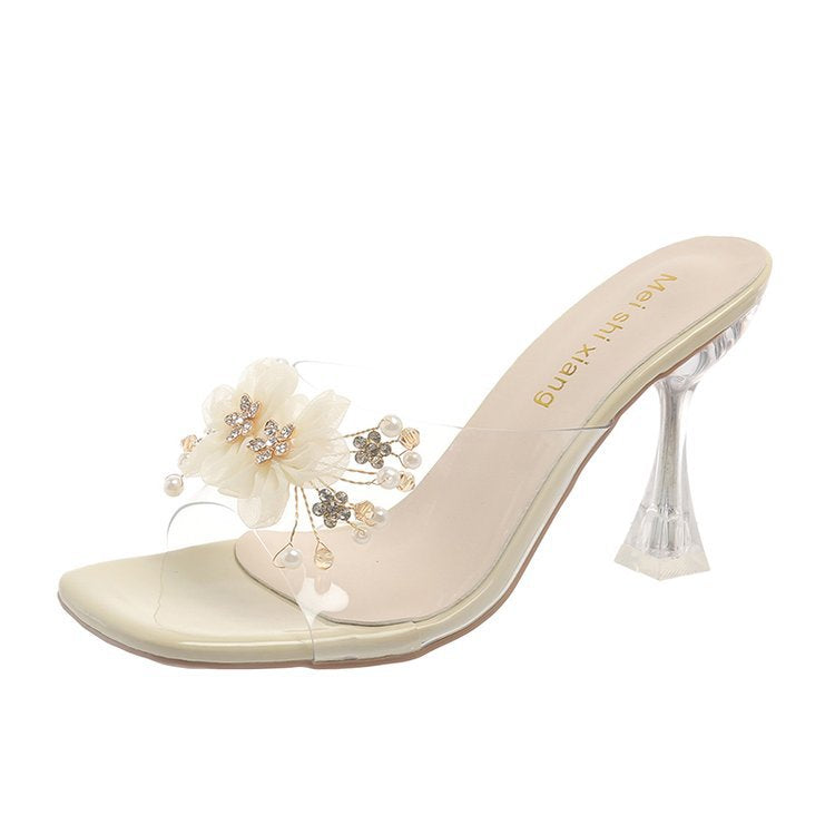 Damen elegante und transparente Sandaletten mit floralem Schmuck EB