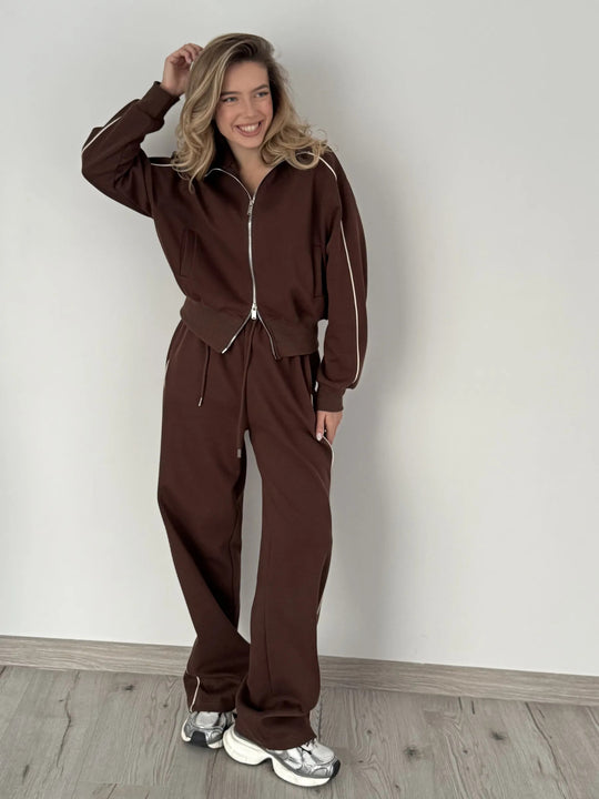 Damen Weiches Baumwoll-Mix Jogging-Set mit Stehkragen, Tunnelzugtaillen und seitlichen Kontraststreifen EB