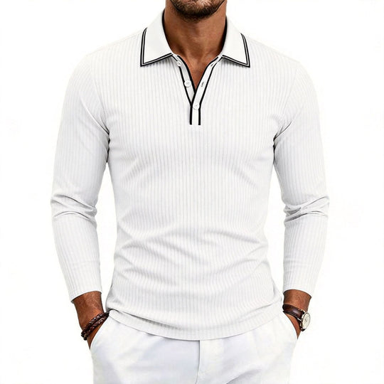 Herren nan fein geripptes Langarm-Poloshirt aus elastischer Merino-Mixqualität mit Kontrastkanten EB