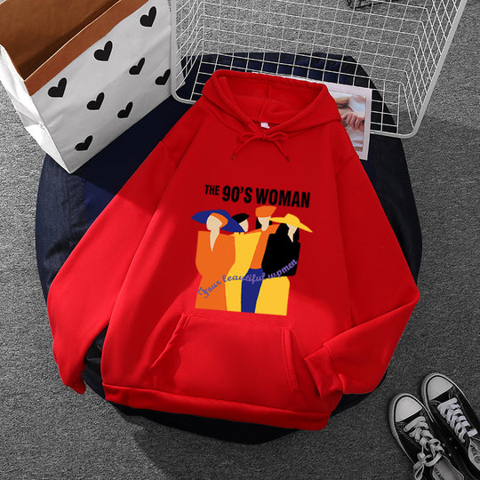 Damen nan weit geschnittener Kapuzenpullover mit Neunzigerjahre-Illustrationsprint, angerautem Fleece und Kängurutasche EB