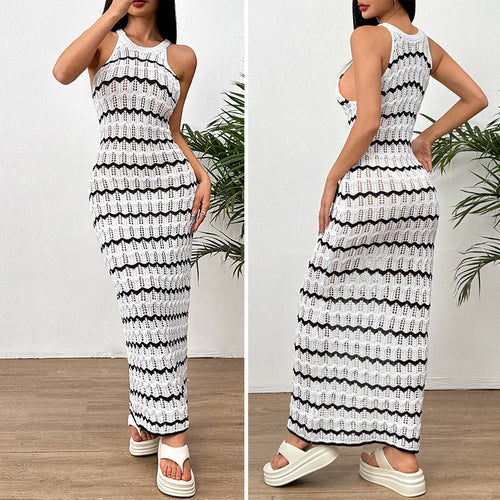 Damen Häkel-Maxikleid mit geometrischem Muster und enganliegendem Schnitt EB