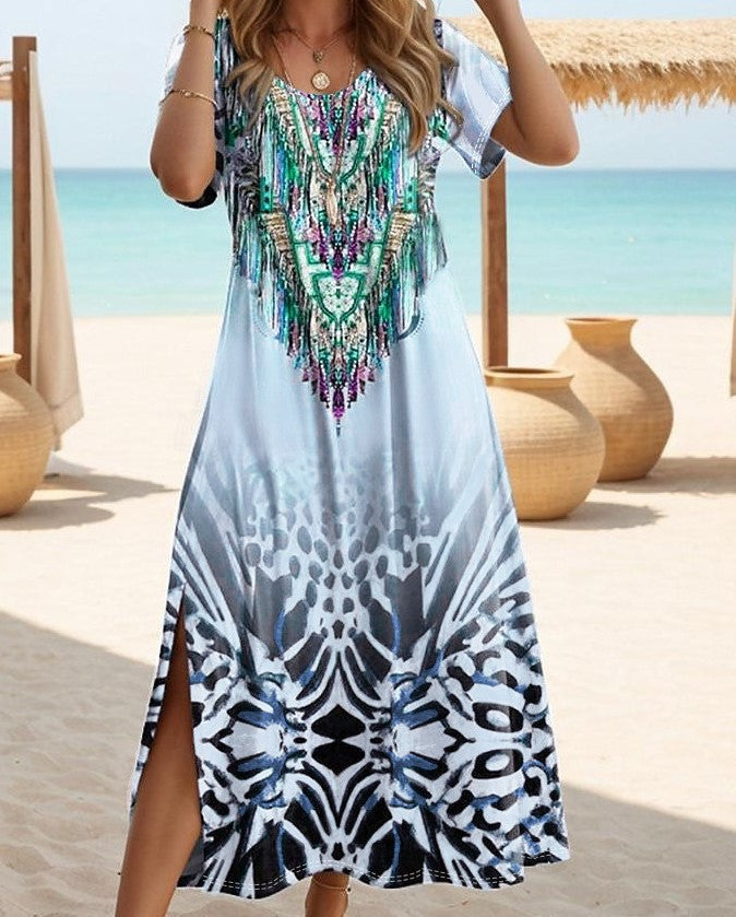 Damen Maxikleid mit auffälligem Paillettenbesatz und floralem Muster EB