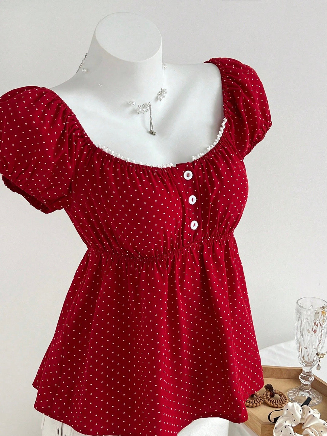 Damen Sommerkleid mit Puffärmeln und süßem Punkten EB