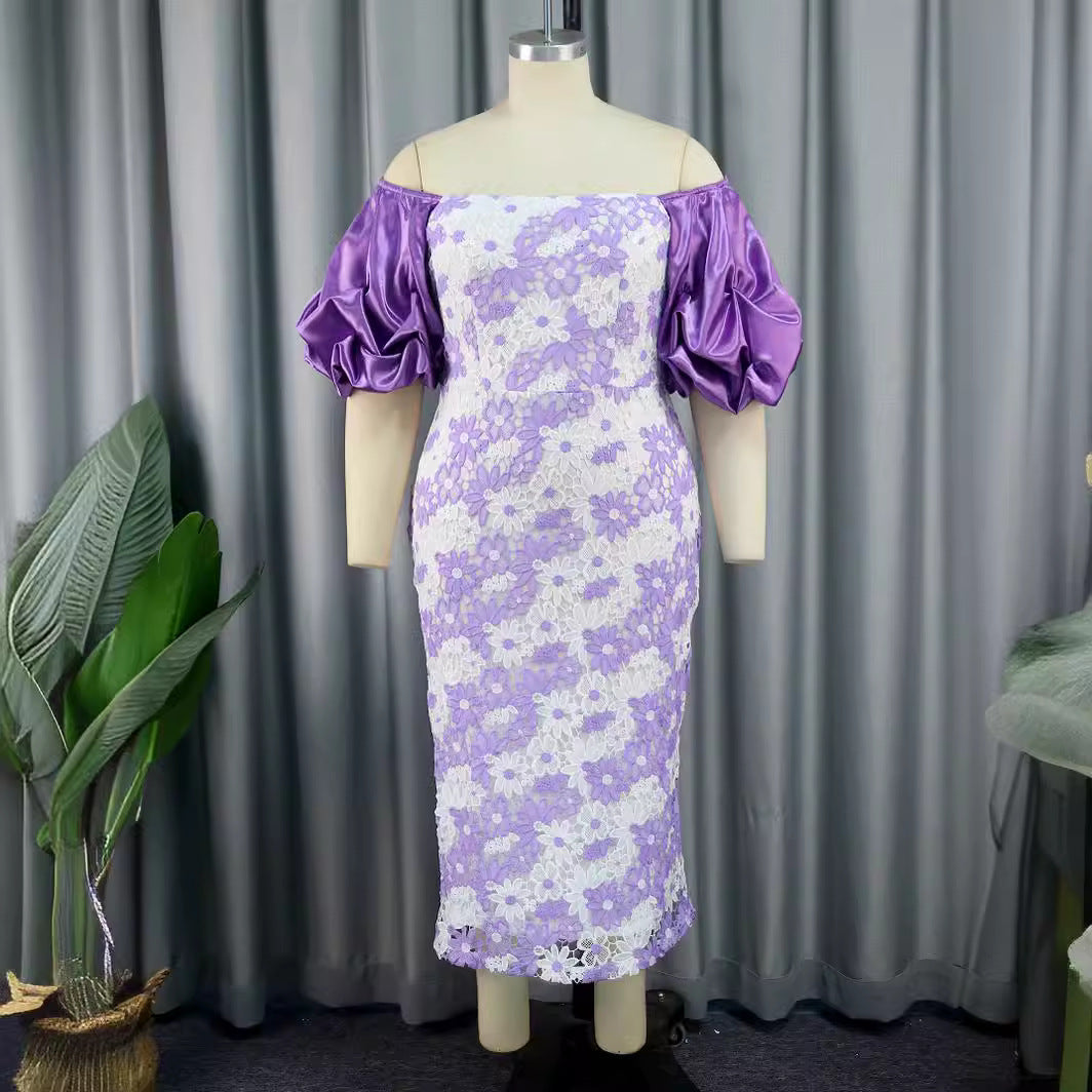 Damen Elegantes Spitzenkleid mit voluminösen Puffärmeln EB