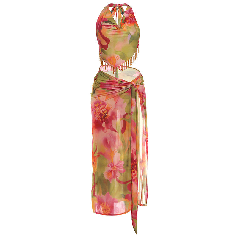 Damen florales Wickelkleid mit glamourösen Fransen und tiefem V-Ausschnitt EB