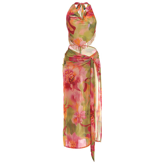 Damen florales Wickelkleid mit glamourösen Fransen und tiefem V-Ausschnitt EB