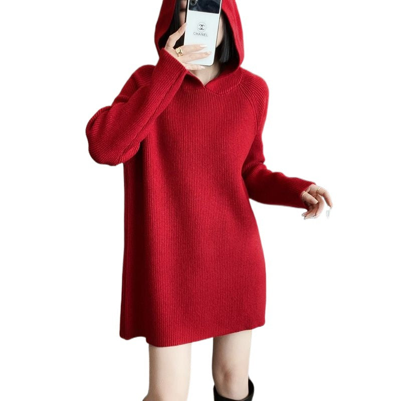 Damen Pulloverkleid mit Kapuze und Rippstruktur EB
