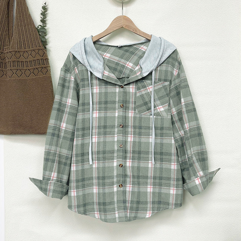 Damen nostalgische Karobluse mit Kapuze und Knopfverschluss EB