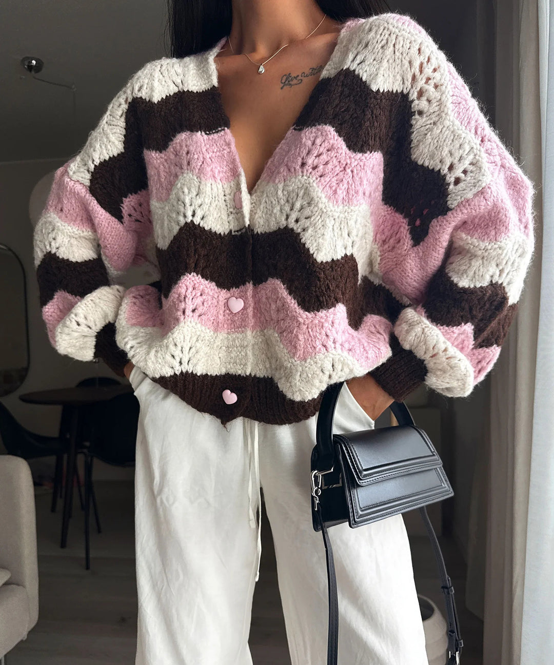 Damen gemütlicher Strickcardigan mit Wellenmuster EB