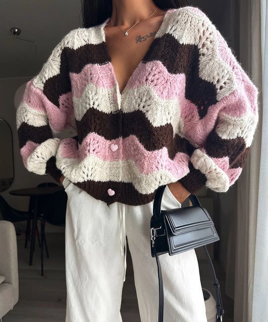 Damen gemütlicher Strickcardigan mit Wellenmuster EB