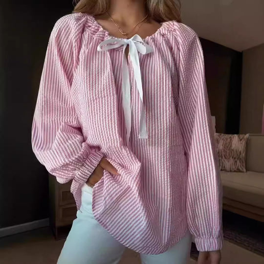 Damen Bluse mit elastischem Ausschnitt und Schleifenbindung EB
