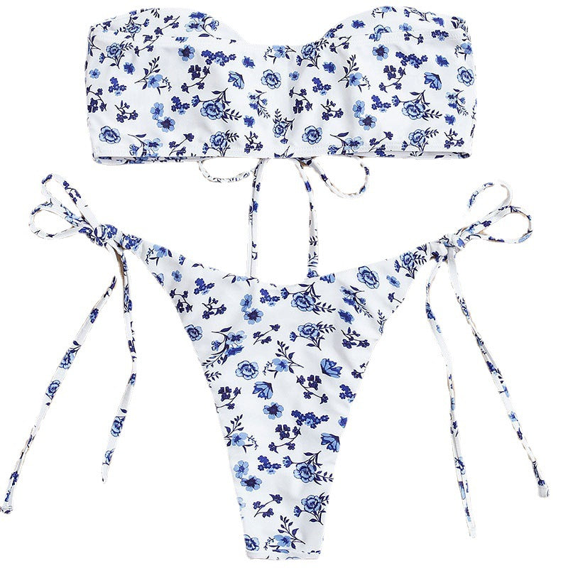 Damen Bandeau-Bikini mit floralen Akzenten und verspieltem Schnürdetail EB