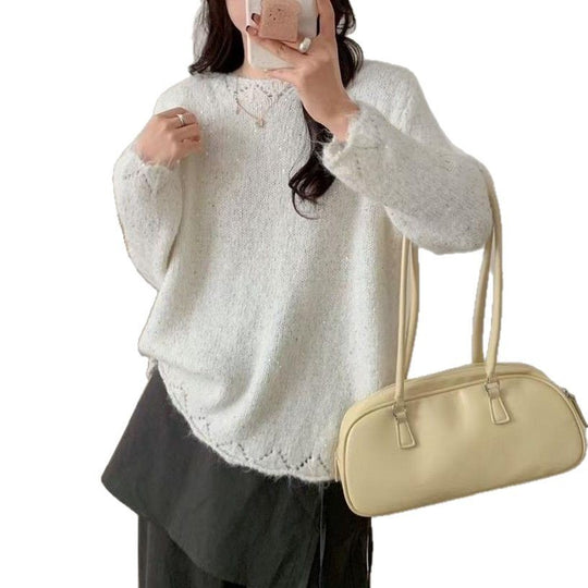 Damen Flauschiger Strickpullover mit glänzenden Akzenten und lockerem Schnitt EB