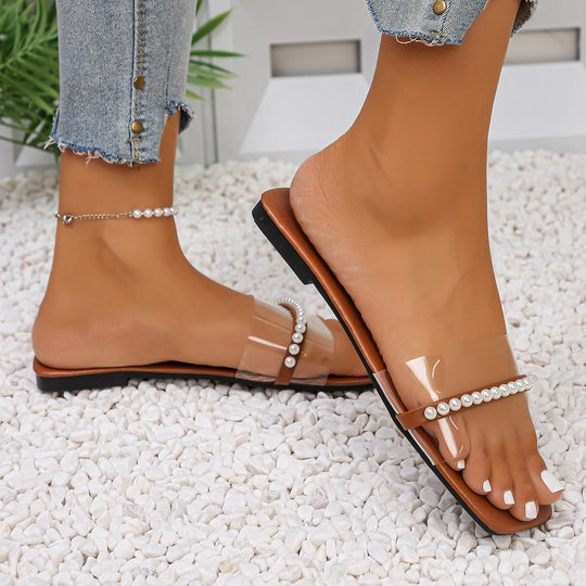 Damen Offene Sandalen mit Perlendesign und transparenten Riemen EB