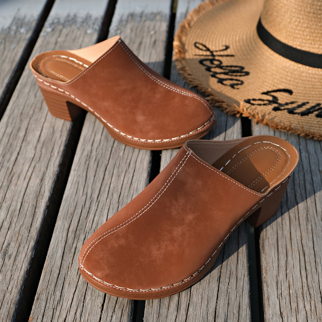 Damen bequeme Clogs aus hochwertigem Wildleder mit elegantem Blockabsatz EB
