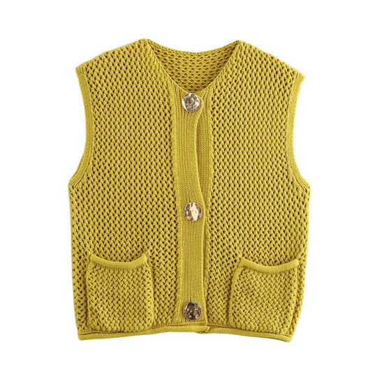 Damen gestrickte Weste mit feinem Lochmuster und praktischen Taschen EB