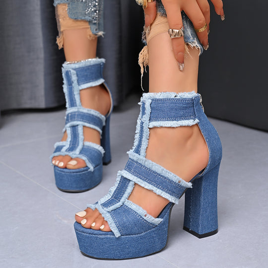 Damen High Heel Sandalen mit fransigen Details und Plateau EB