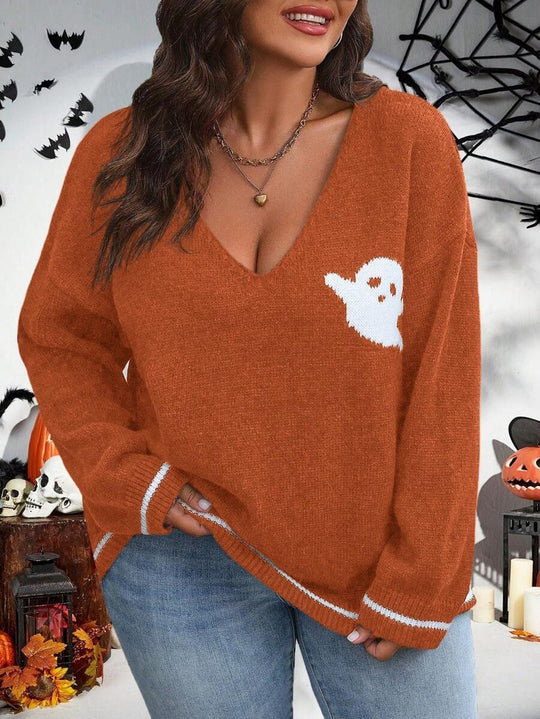 Damen Strickpullover mit Ghost-Motiv und V-Ausschnitt EB
