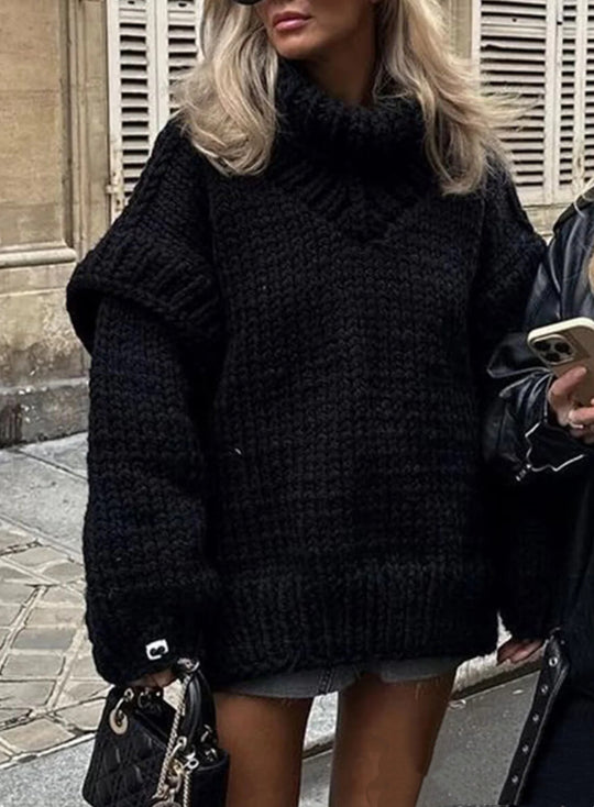 Damen Lockerer Strickpullover mit voluminösen Ärmeln und hohem Kragen EB