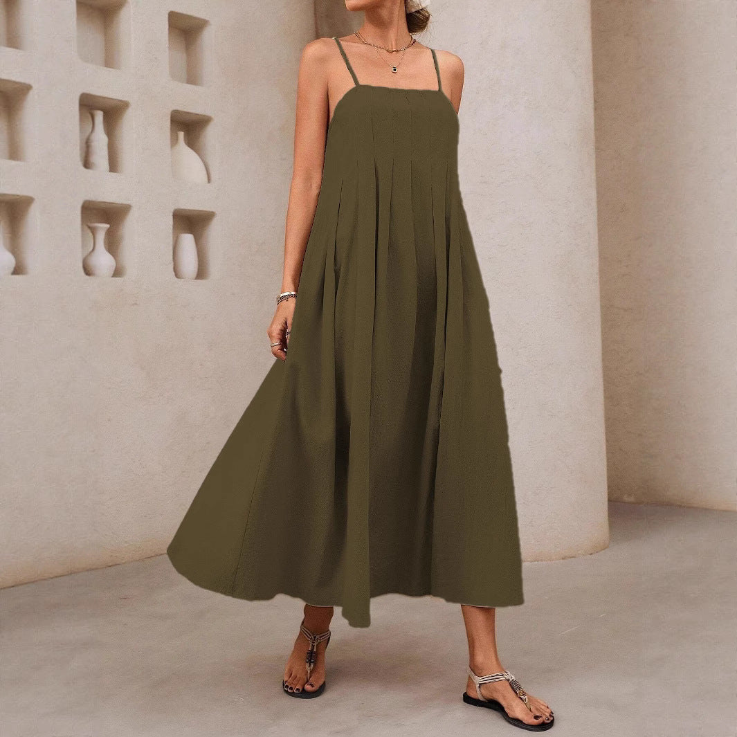 Damen Langärmliges Maxikleid mit Faltenwurf und Spaghettiträgern EB