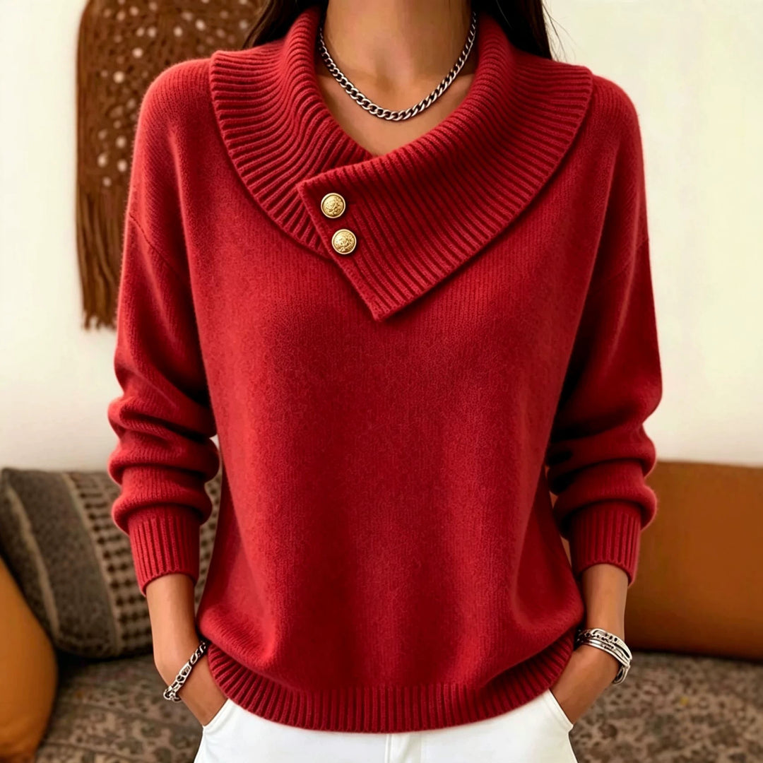 Damen Feinstrick-Pullover mit überlappendem Schalkragen und Zierknöpfen EB