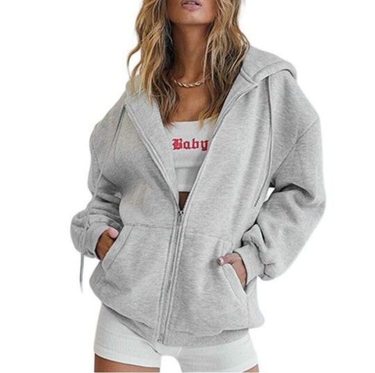 Damen nan Oversize-Zip-Hoodie mit Kapuze Kängurutaschen und weichem French-Terry EB