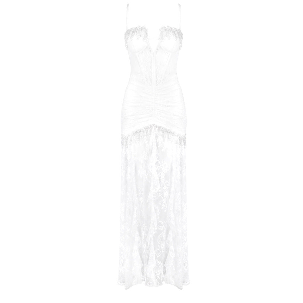Damen Elegantes Spitzenkleid mit Herzausschnitt und luxuriöser Drapierung EB