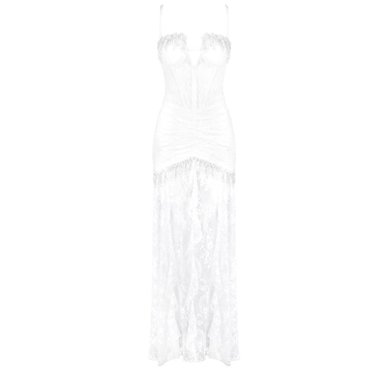 Damen Elegantes Spitzenkleid mit Herzausschnitt und luxuriöser Drapierung EB