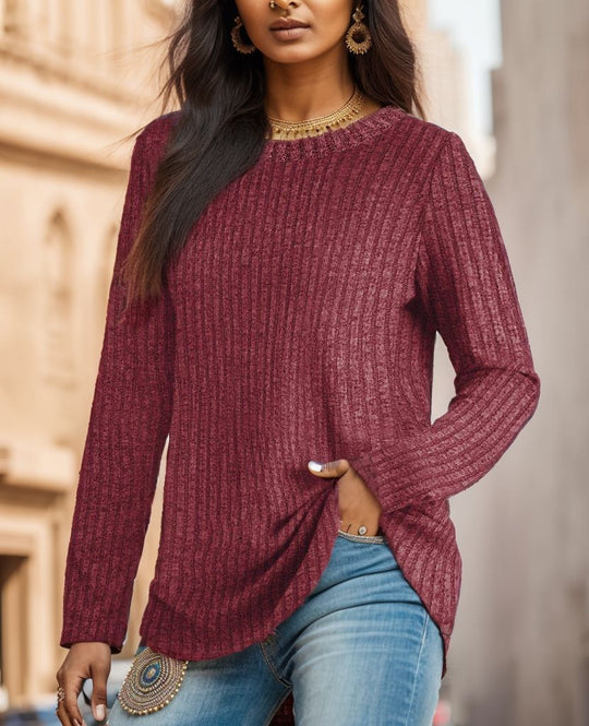 Damen Geripptes Feinstrick-Longsleeve mit Rundhalsausschnitt und asymmetrischem Saum EB
