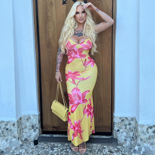 Damen Maxikleid mit Blumenmuster und schmalen Spaghettiträgern EB