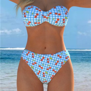 Damen Bandeau-Bikini mit verspieltem Karomuster und fruchtigem Print EB