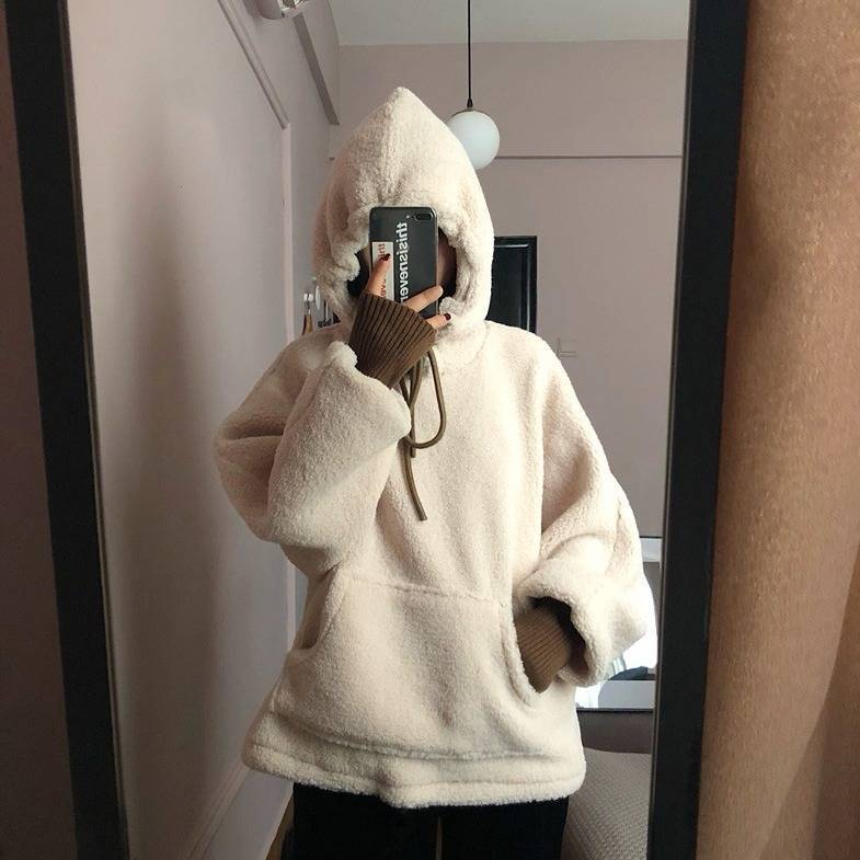 Damen kuscheliger Kapuzenpullover im Oversized-Stil mit vorderer Kängurutasche und elastischen Bündchen EB