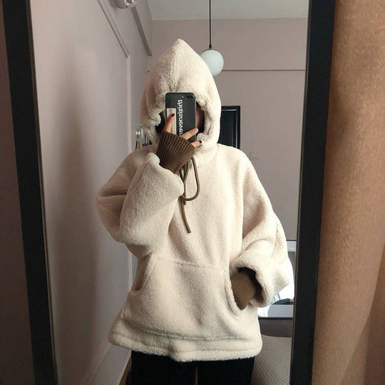 Damen kuscheliger Kapuzenpullover im Oversized-Stil mit vorderer Kängurutasche und elastischen Bündchen EB