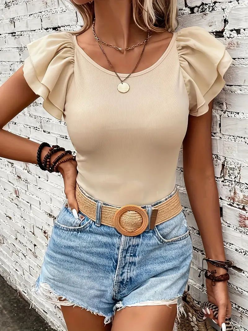 Damen Rippstrickoberteil mit Volants EB