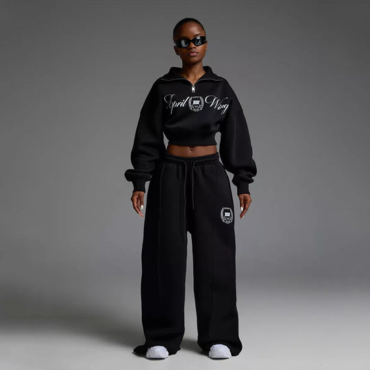 Damen Cropped Halbzip-Sweatshirt mit weitem High‑Waist Loungehose Set EB