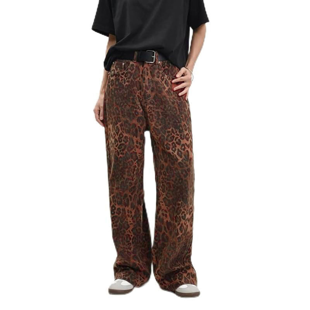 Damen nan weite High‑Waist Palazzohose im Leomuster mit Five‑Pocket‑Schnitt und entspanntem Bein EB
