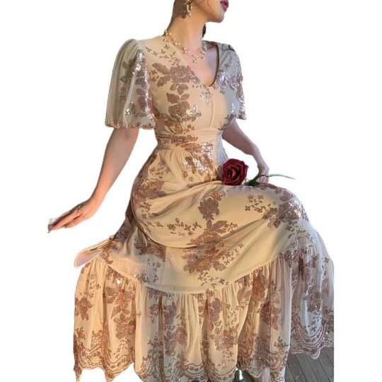 Damen Festliches Maxikleid mit funkelnden Pailletten und exquisiten Blumendetails EB