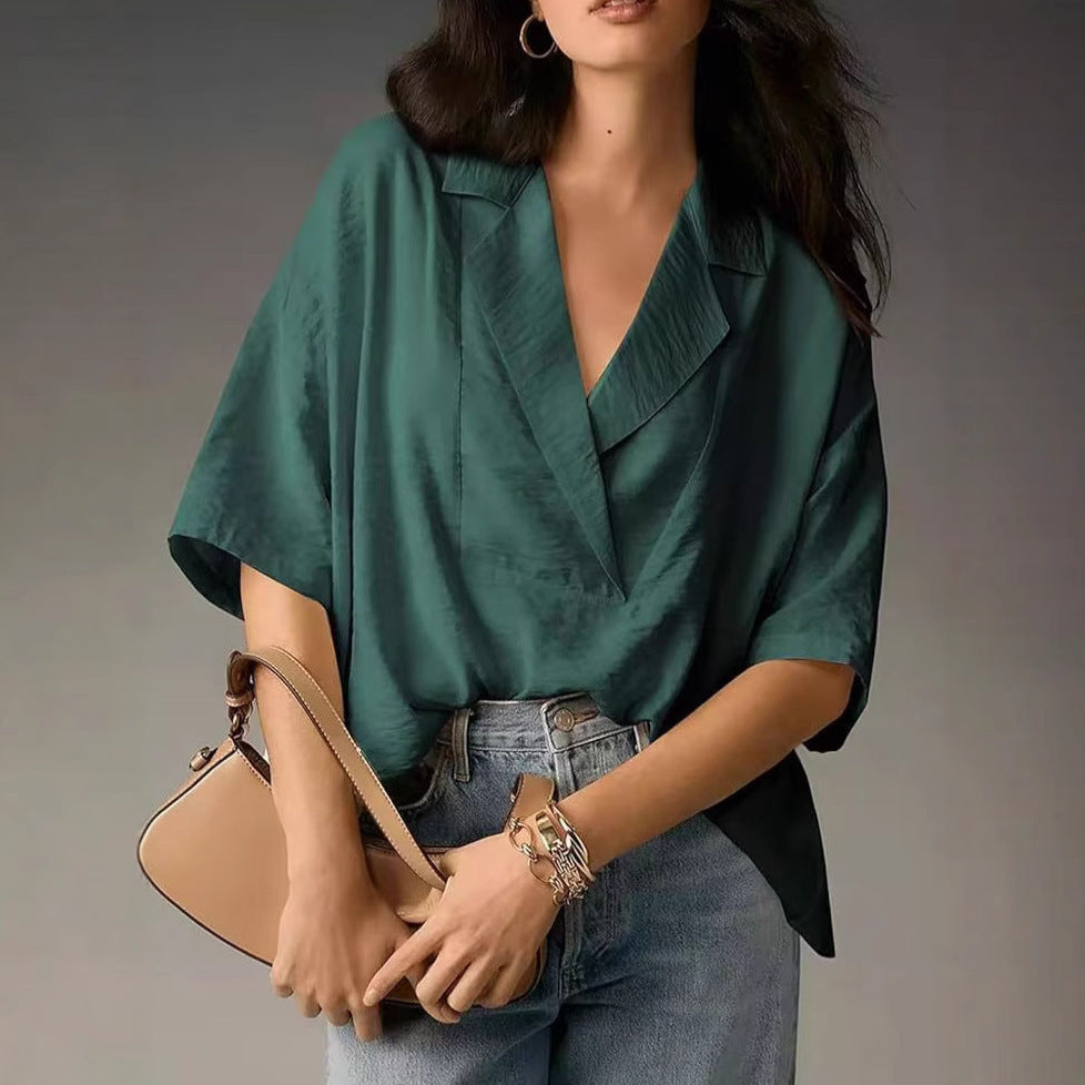 Damen lässige Oversize-Bluse mit modernem Schnitt und V-Ausschnitt EB