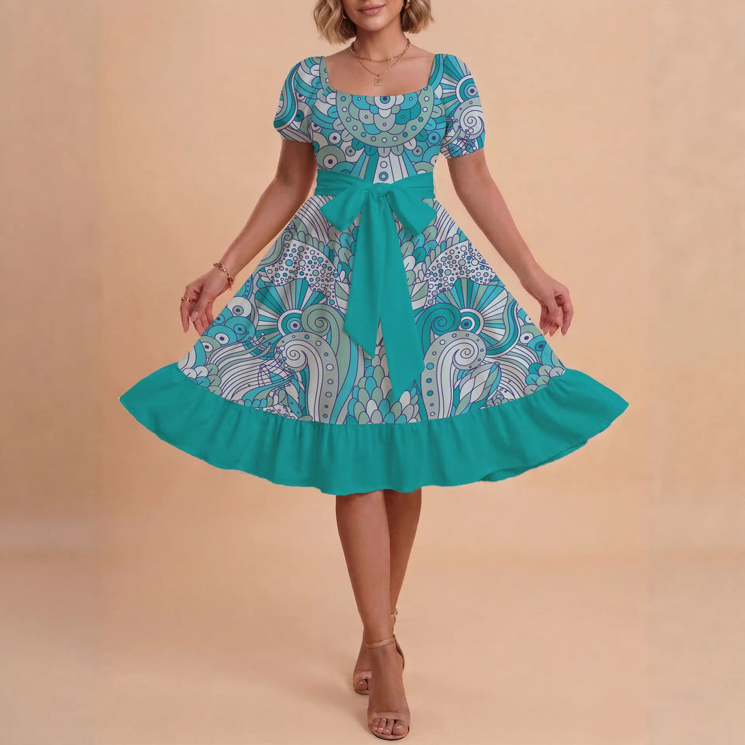Damen modernes Blumenkleid mit elegantem Taillengürtel und asymmetrischem Saum EB