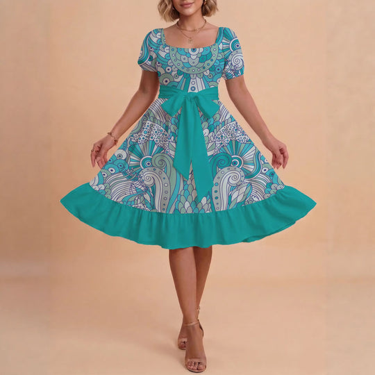 Damen modernes Blumenkleid mit elegantem Taillengürtel und asymmetrischem Saum EB