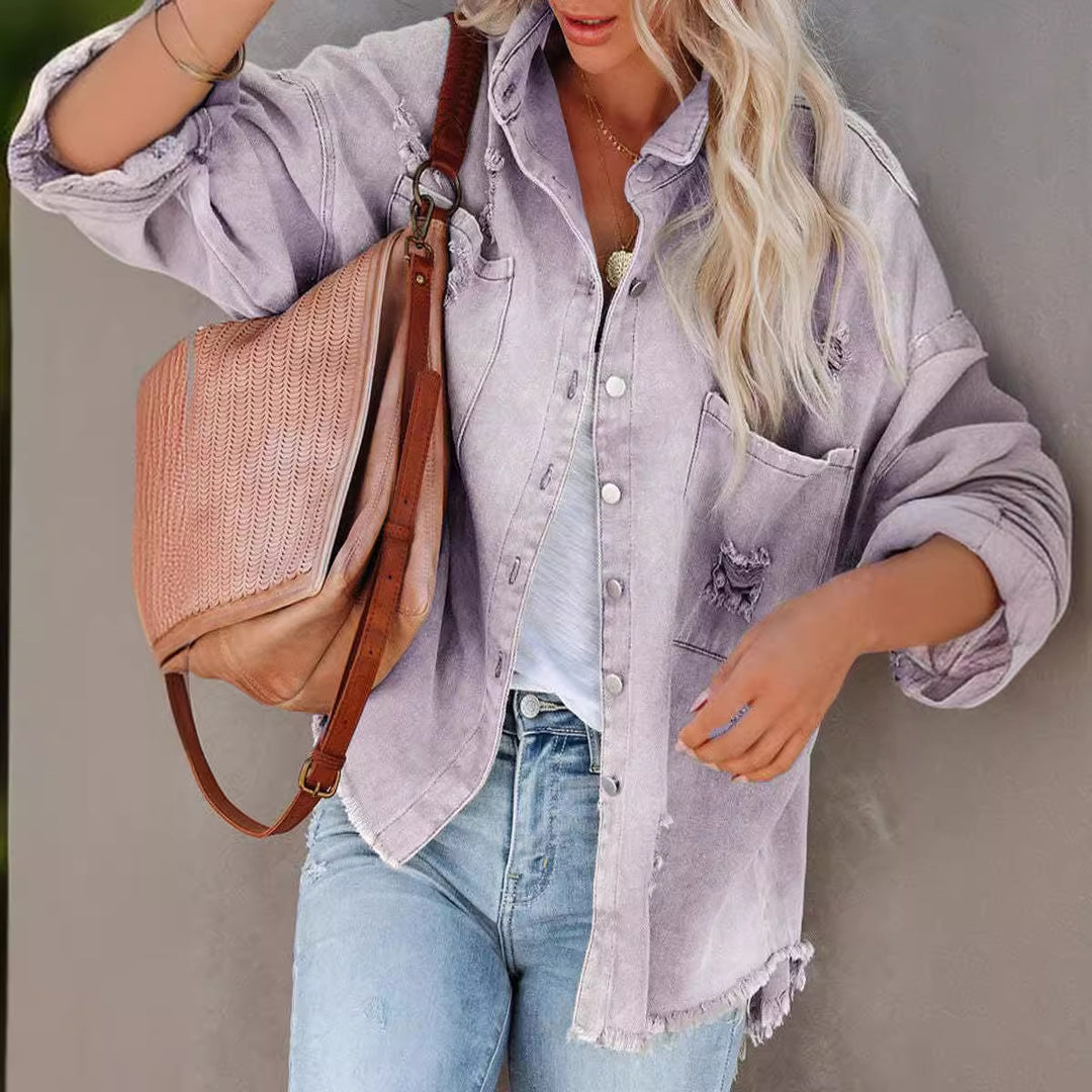 Damen Oversized Jeansjacke im lässigen Vintage-Stil mit fransigen Details EB