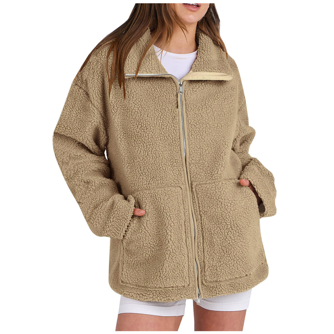 Damen nan oversized Teddyfelljacke mit Stehkragen Reißverschluss und aufgesetzten Taschen EB