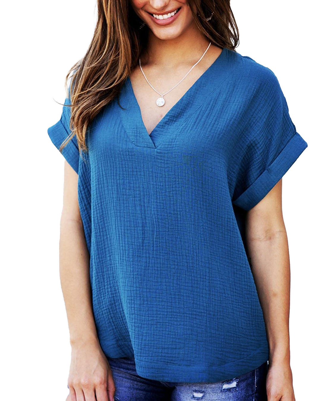 Damen lässiges V-Ausschnitt T-Shirt mit luftiger Passform und umgeschlagenen Ärmeln EB