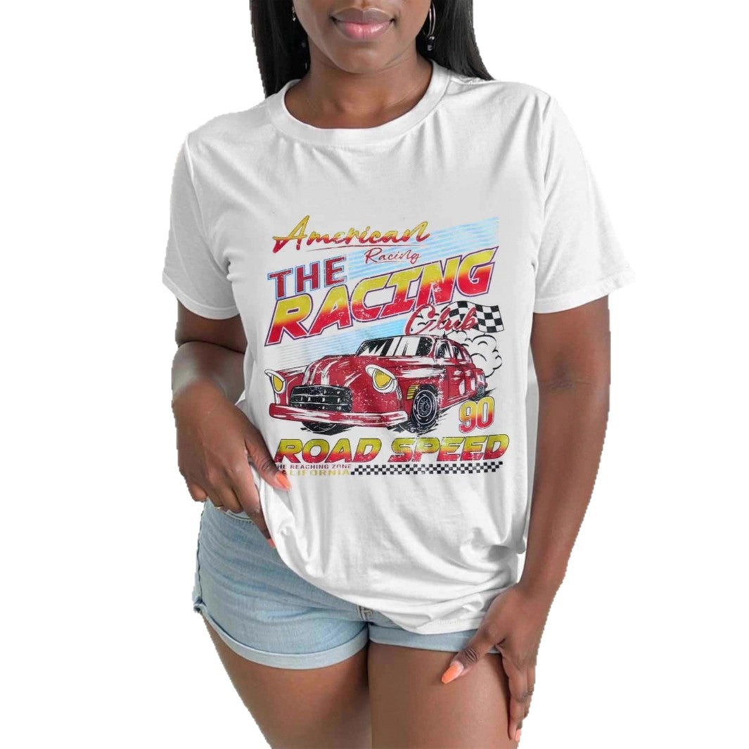 Damen T-Shirt mit künstlerischem Retro-Rennsport-Motiv und bequemer Passform EB