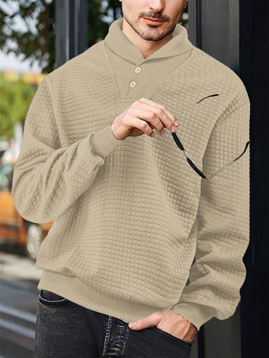 Herren nan eleganter Strickpullover mit Schalkragen, Knopfleiste am Ausschnitt und Karo-Waffelstruktur EB