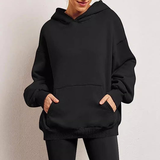 Damen nan Relax-Fleece Kapuzenpullover mit Kängurutasche, verlängerter Rücken und überschnittener Schulter EB